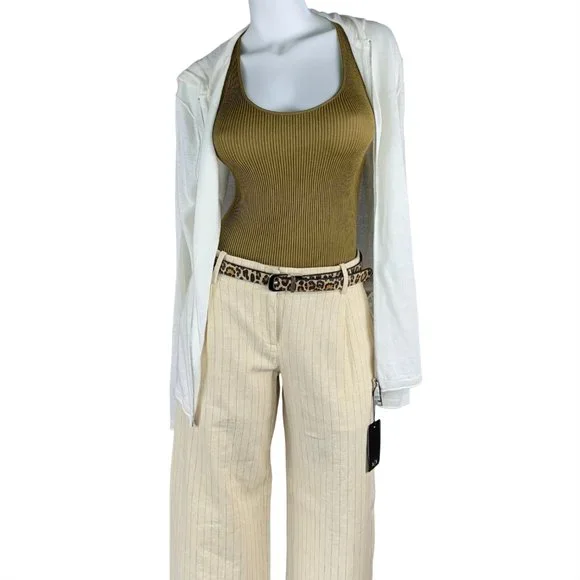 Bloomingdales pleated wide leg pinstripe cream linen pants trousers - size 6